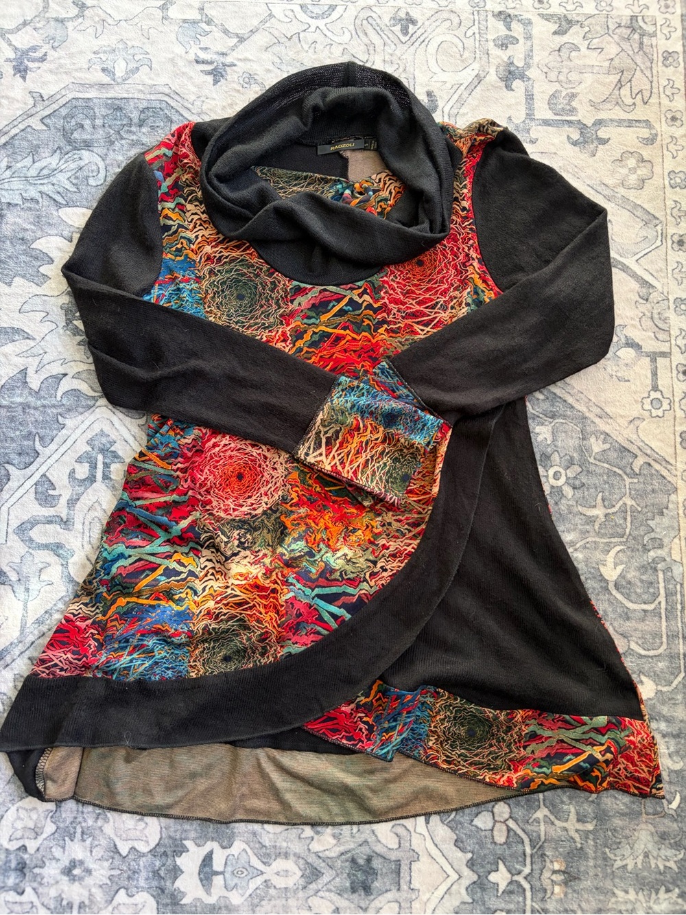 Radzoli Black Cowl-Neck Sweater Tunic with Multicolor Abstract Panels